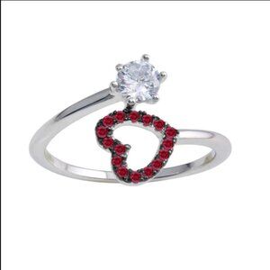 Sterling Silver 925 Rhodium Plated Open Heart Ring with Red and Clear CZ